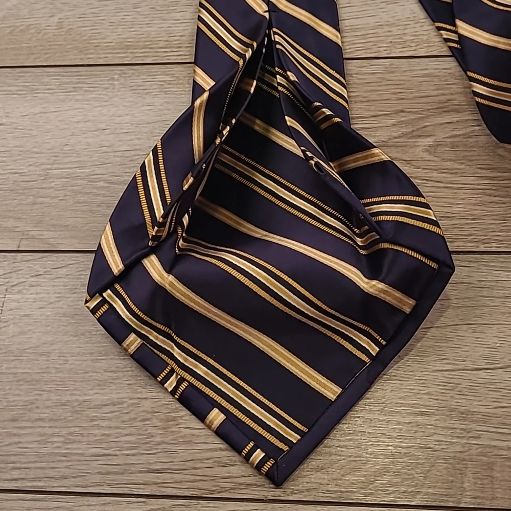 JOS A BANK Signature Platinum 7 FOLD Gold Navy Blue Striped Silk Cotton Tie RARE